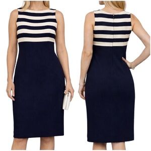 NWT St. John Collection Navy & Ivory Striped Wool Sheath Dress Women's size 16